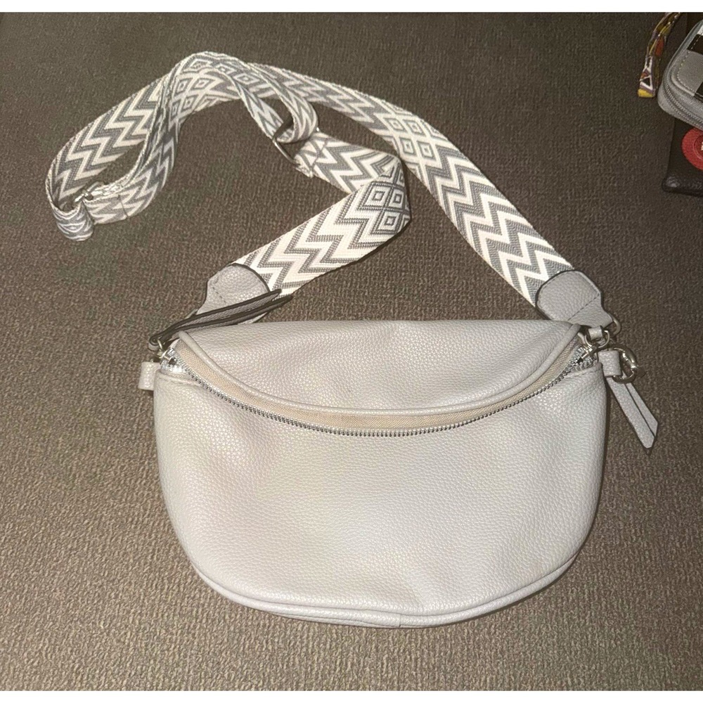Gray Pebbled Faux Leather Crescent Crossbody Small Lined Zip Woven Strap